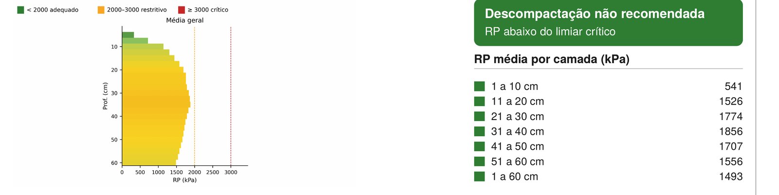 Perfil real de resistência à penetração do solo até 60 cm, com veredito de descompactação não recomendada