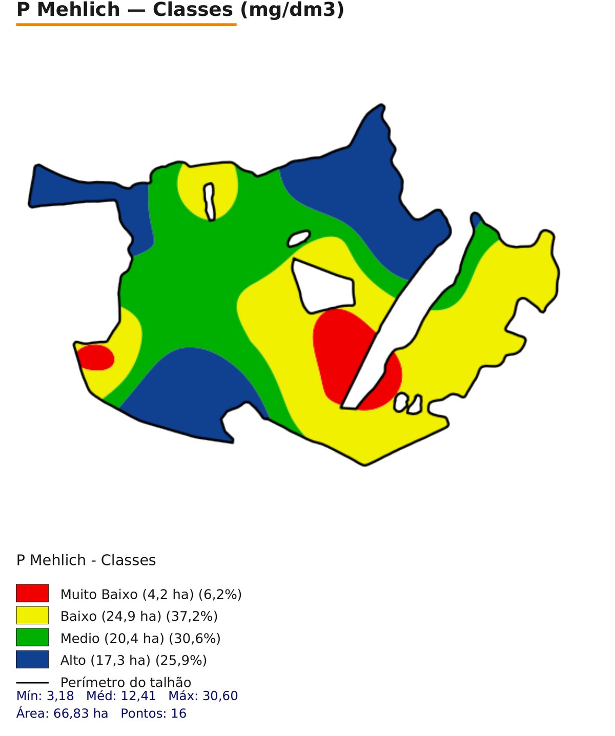 Mapa de fósforo por classes de interpretação (muito baixo, baixo, médio, alto) gerado pela Proest